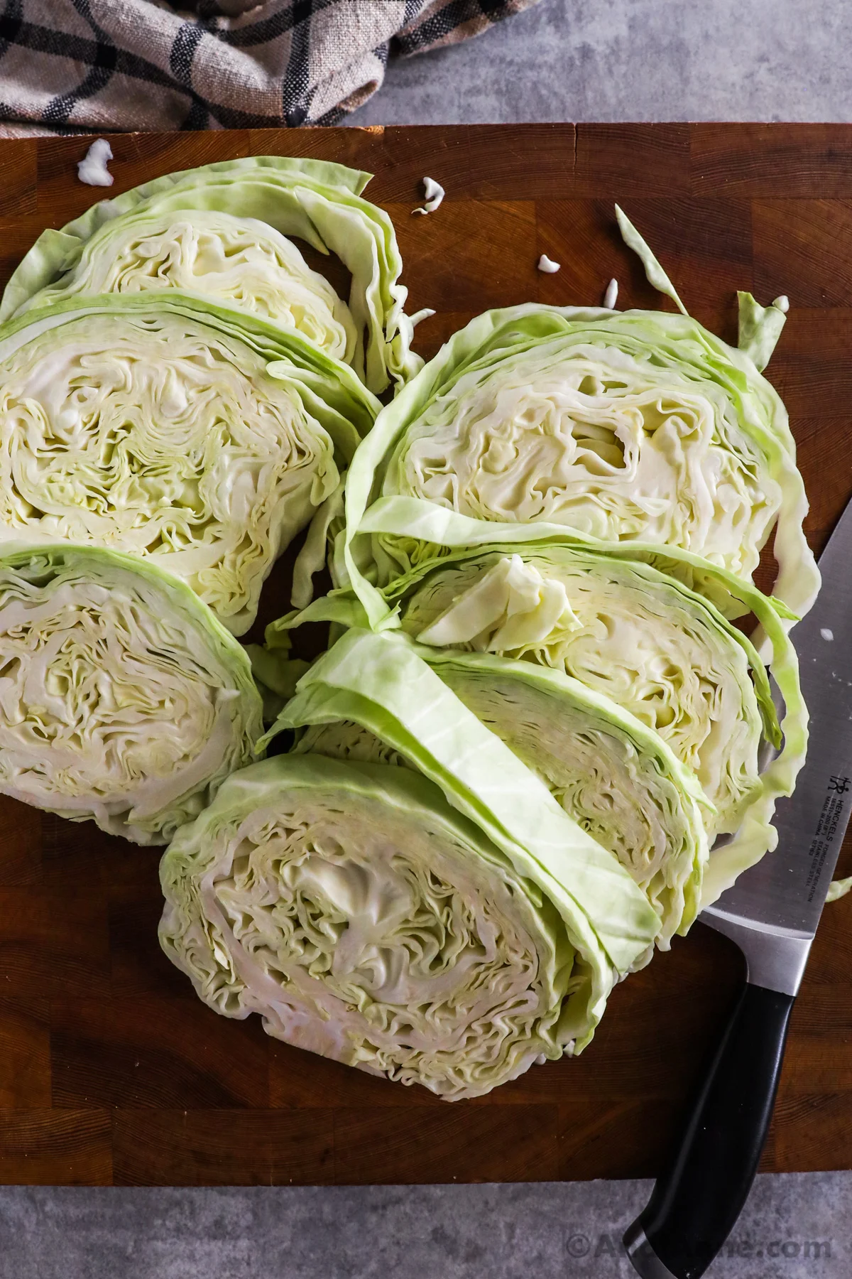 Slices of raw green cabbage.