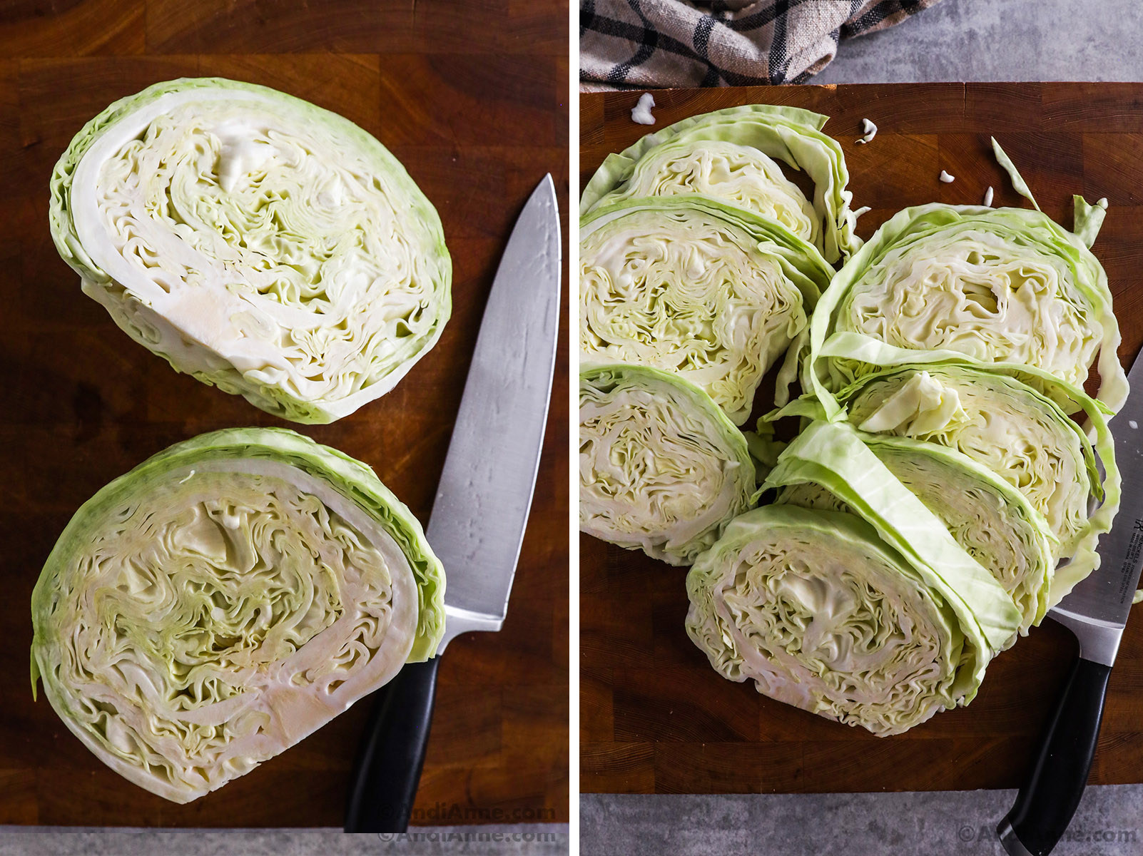 Slices of green cabbage with a knife on a cutting board.