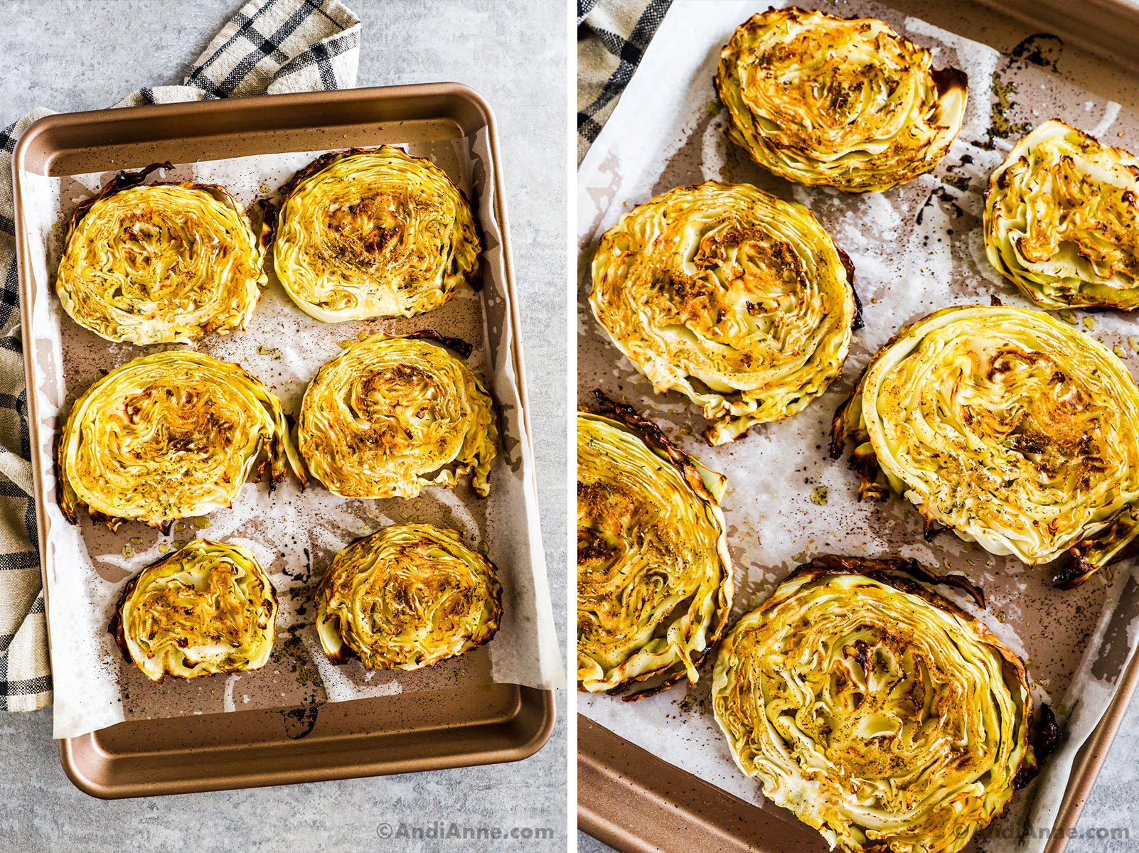 Baked cabbage steaks on a baking sheet.