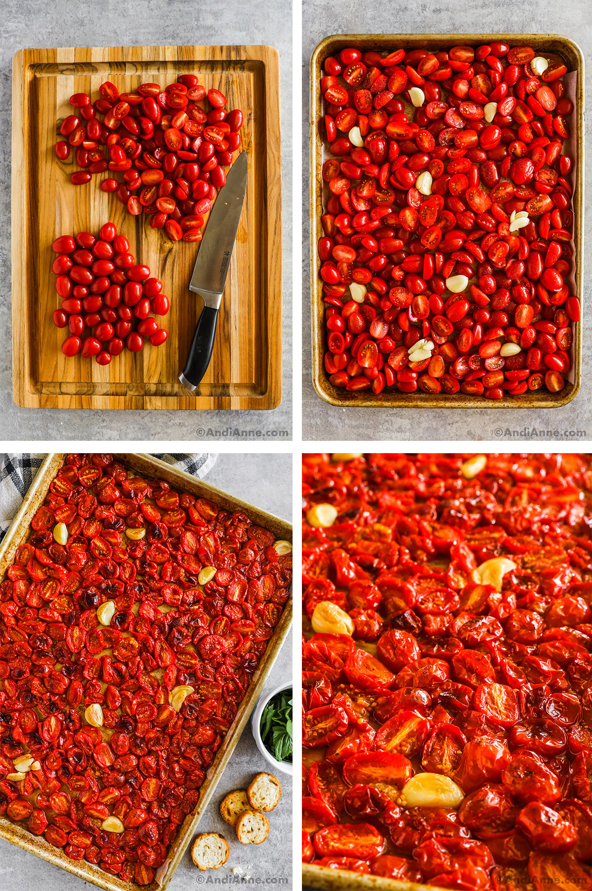 Four images grouped together. First is sliced grape tomatoes, second is sliced tomatoes on baking sheet, third and fourth are cooked sliced tomatoes on baking sheet with garlic cloves.