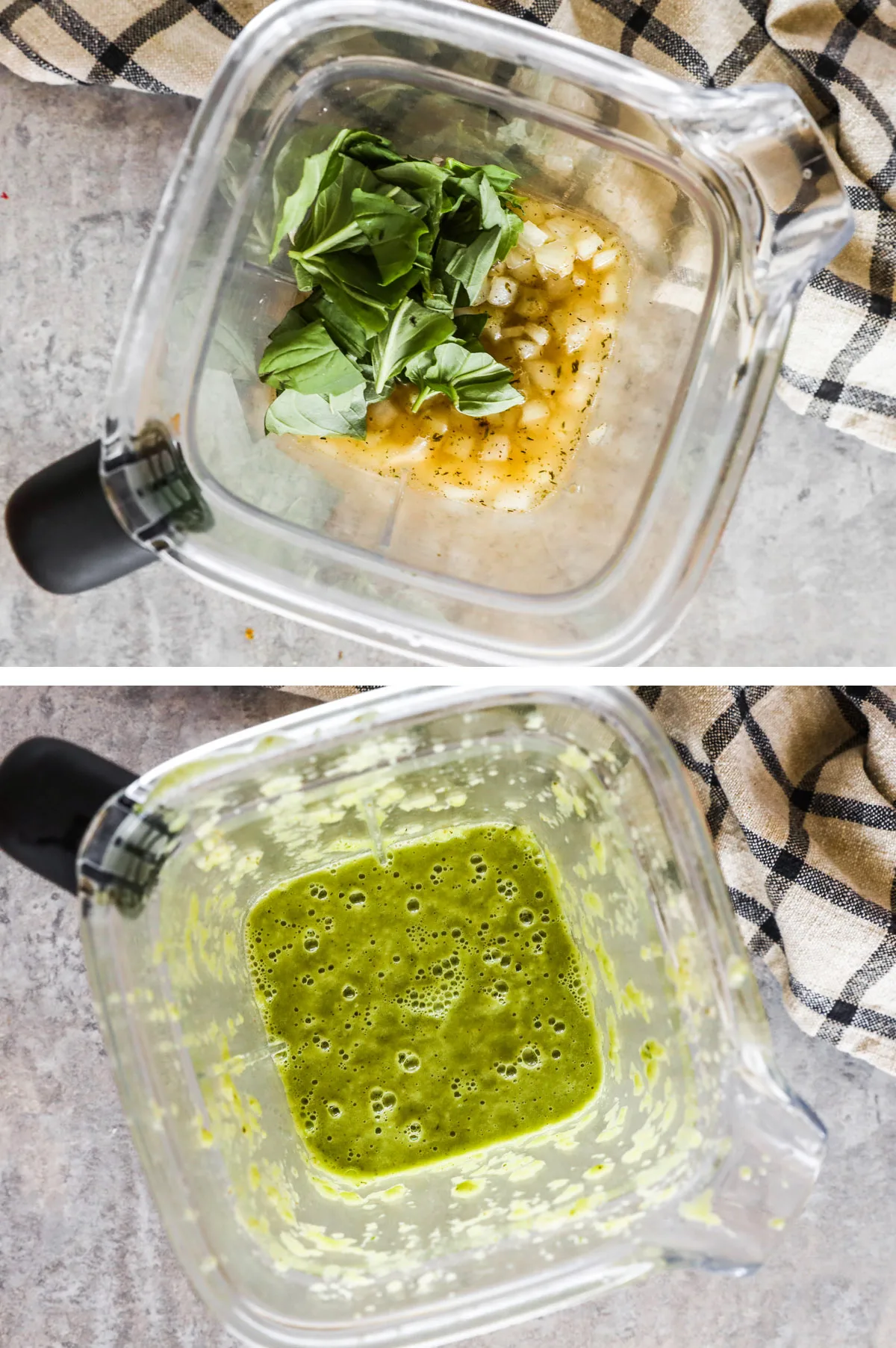 A blender with chopped cooked onion, broth and basil. First unmixed and then blended to a green creamy mixture.