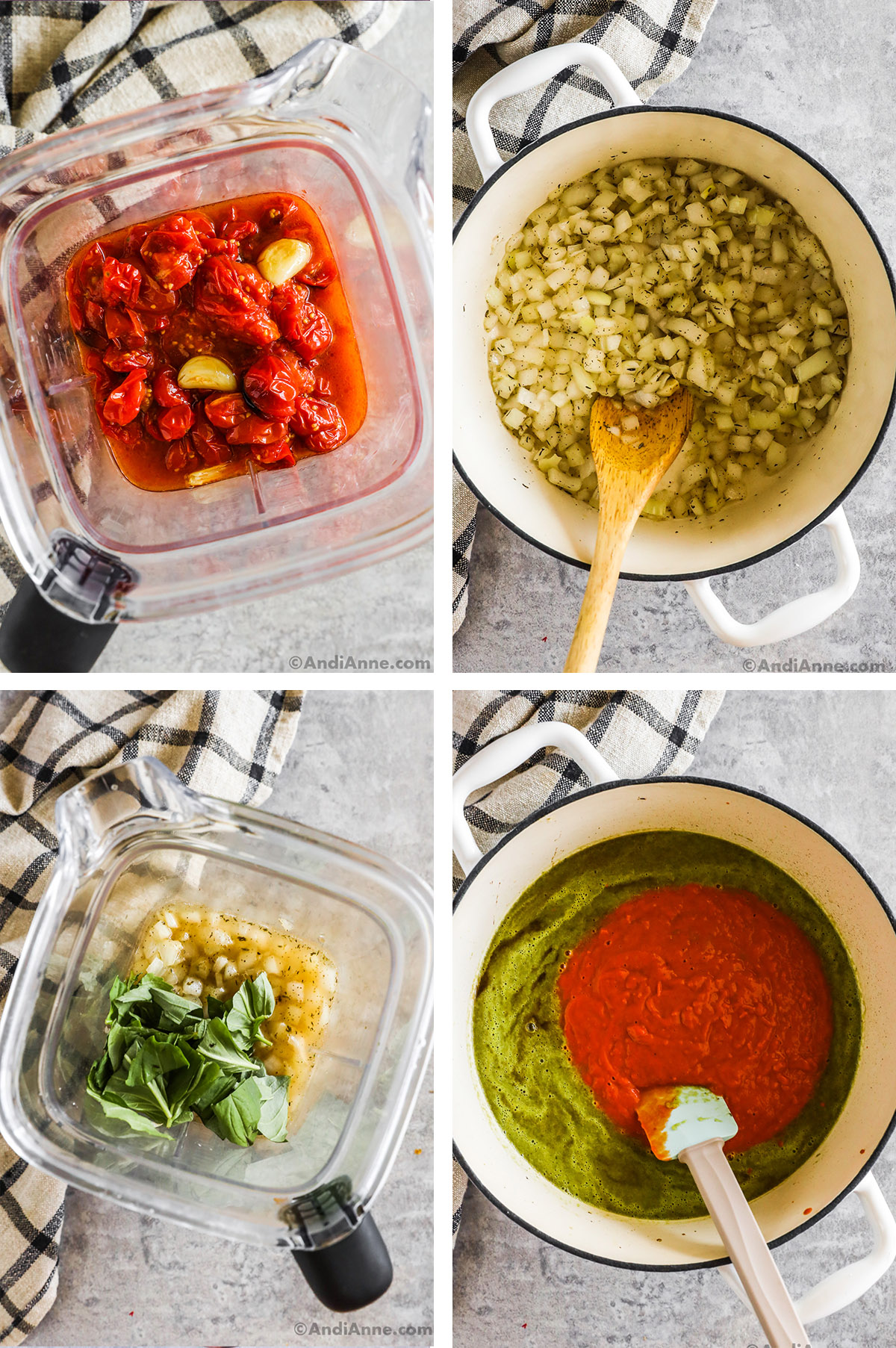 Four images showing steps to make recipe. First is roasted tomatoes and garlic in a blender, second is chopped sauteed onion in a pot, third is sauteed onion and fresh basil in a blender, fourth is pureed green and red soup ingredients in a pot with a spatula.