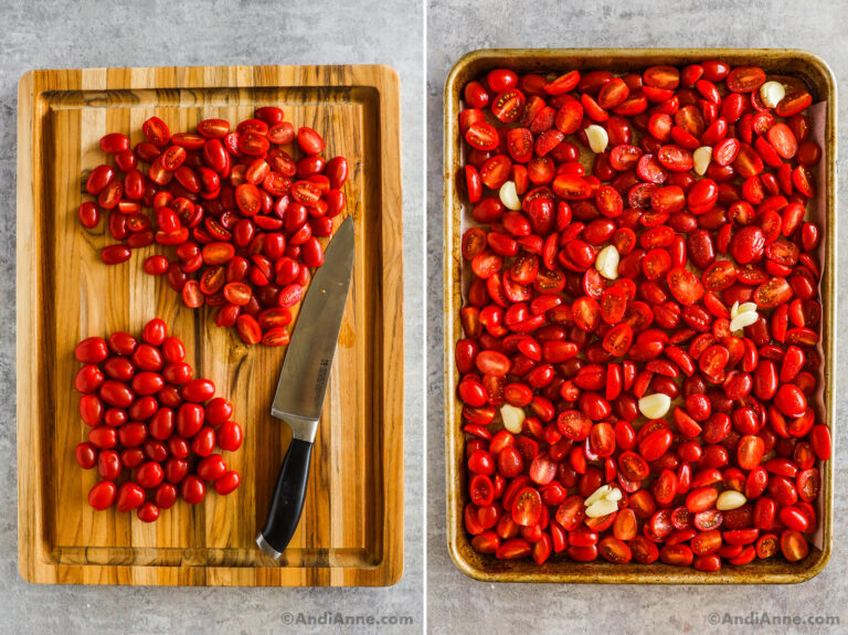 Two images, first is chopped grape tomatoes on a cutting board. Second is chopped grape tomatoes and garlic on a baking sheet.