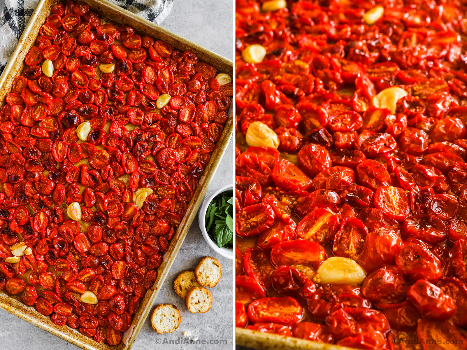 Two images of sliced tomatoes and garlic cloves on a baking sheet.