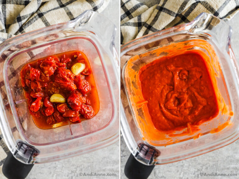 Two images of a blender, first with cooked tomatoes and garlic, second with pureed tomatoes.