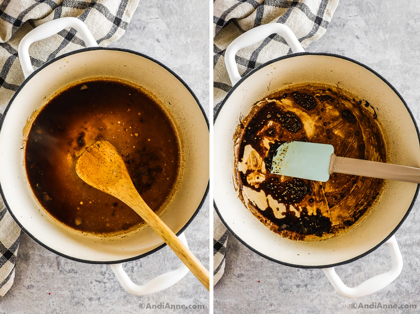 Two images of a white pot, both with balsamic vinegar, second image is reduced.
