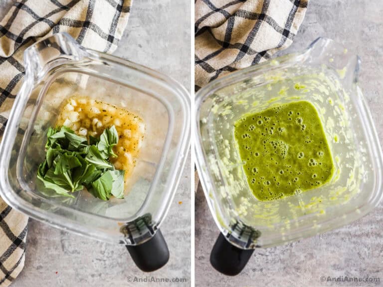 Two images of a blender, first has cooked onion and fresh basil inside. Second is pureed green onion and basil.