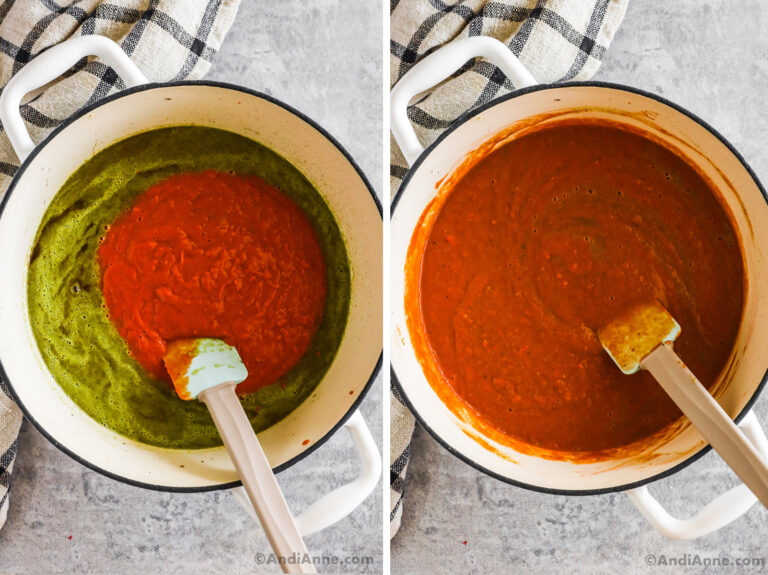 Two images of a white pot, first with pureed green and red ingredients. Second is pureed tomato soup.