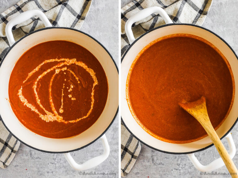 Two images of a white pot with creamy tomato soup. First has cream drizzled on top. Second is creamy tomato soup.