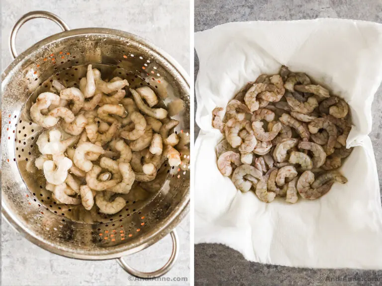 Two images of raw shrimp, first in a strainer with water, second on paper towel.