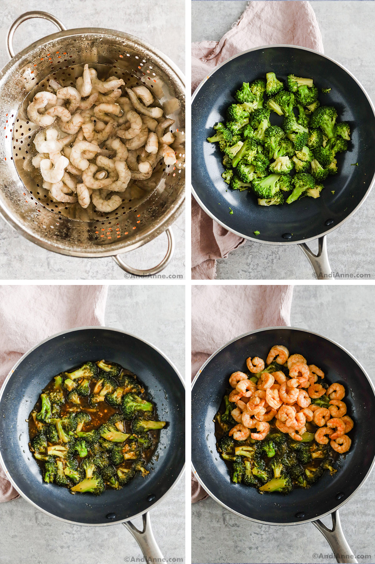 Four images showing steps ot make recipe. First is raw shrimp in water. Second is a frying pan with broccoli florets. Third is broccoli florets in honey garlic sauce. Fourth is cooked shrimp dumped on top of broccoli florets in sauce. 