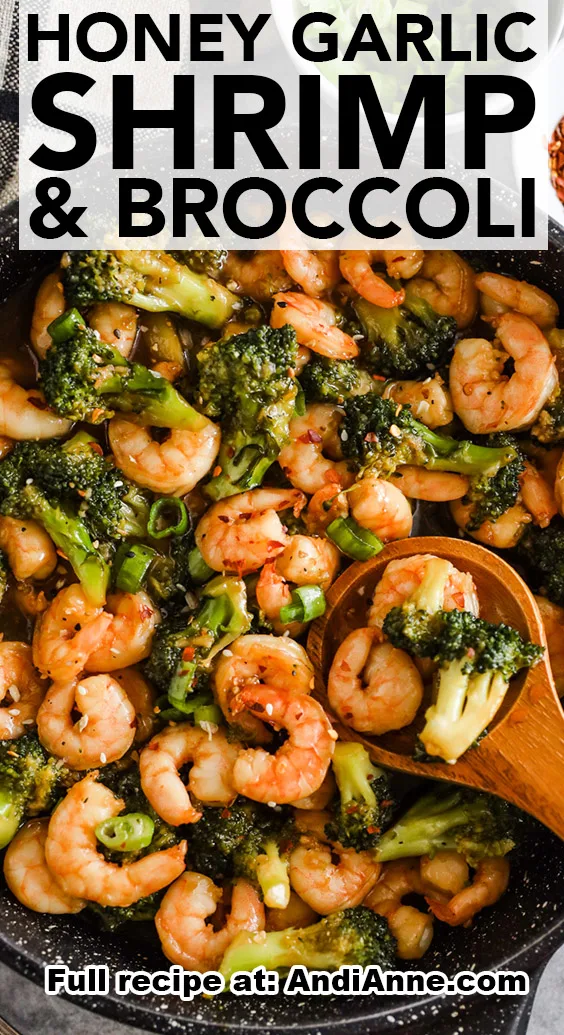 Close up of honey garlic shrimp and broccoli recipe.