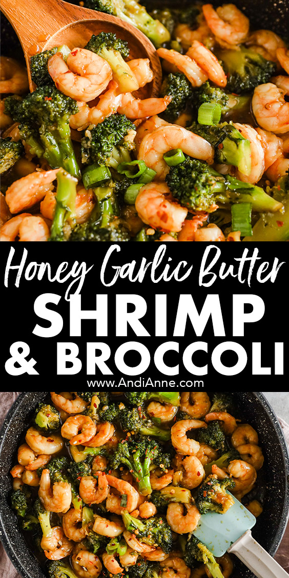 Honey garlic butter shrimp and broccoli in a frying pan with spatula.