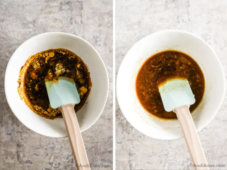 Two images of a white bowl with sauce ingredients and a spatula.
