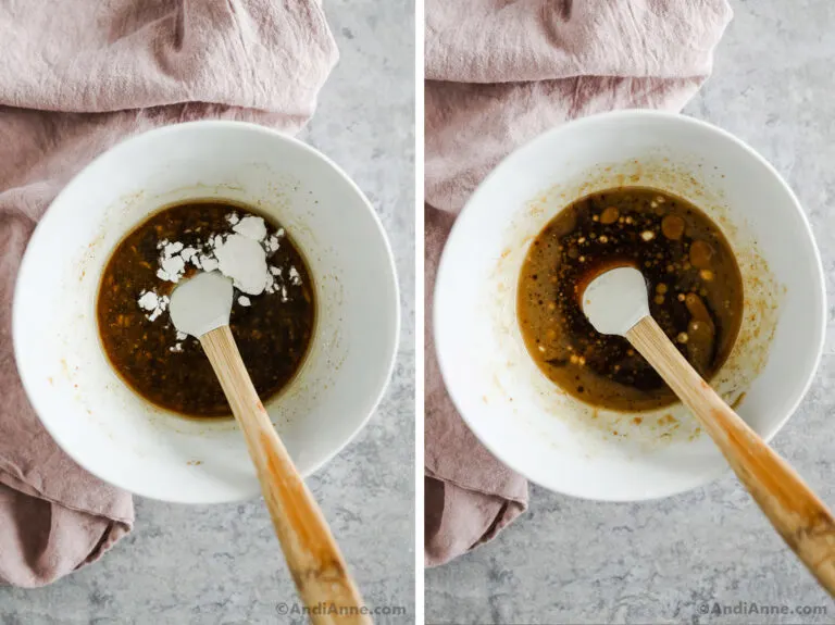 Two images of a white bowl with sauce ingredients, first iwth white cornstarch on top, second with sauce mixed in.