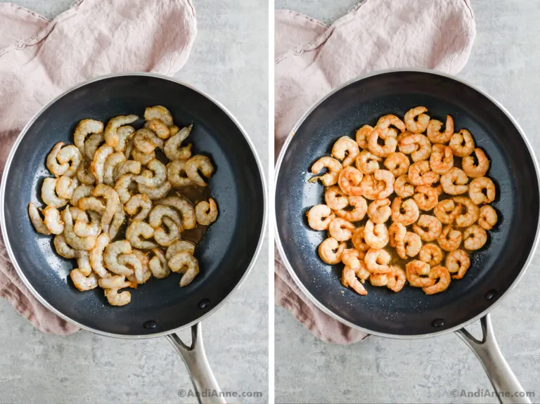 Two images of a frying pan. First with raw shrimp, second with cooked shrimp.