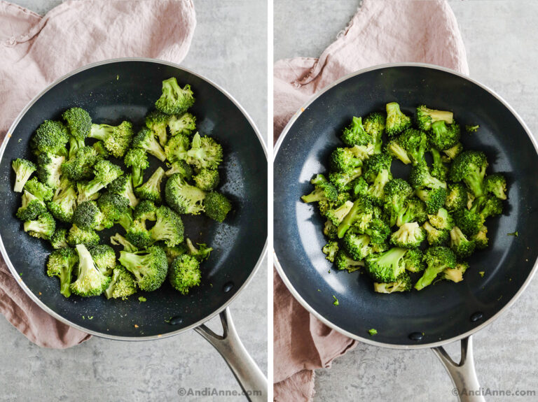 Two images of a frying pan, first with raw chopped broccoli, second with cooked broccoli.