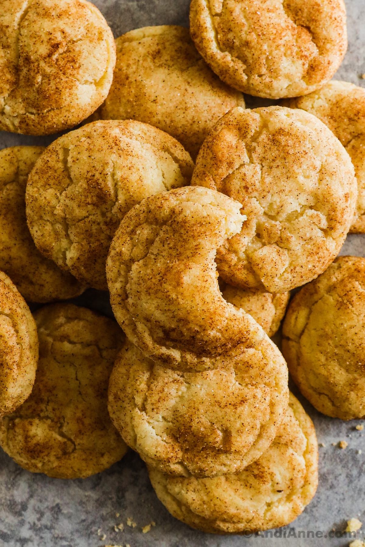 A pile of snickerdoodle cookies close up, one with a bite taken out.