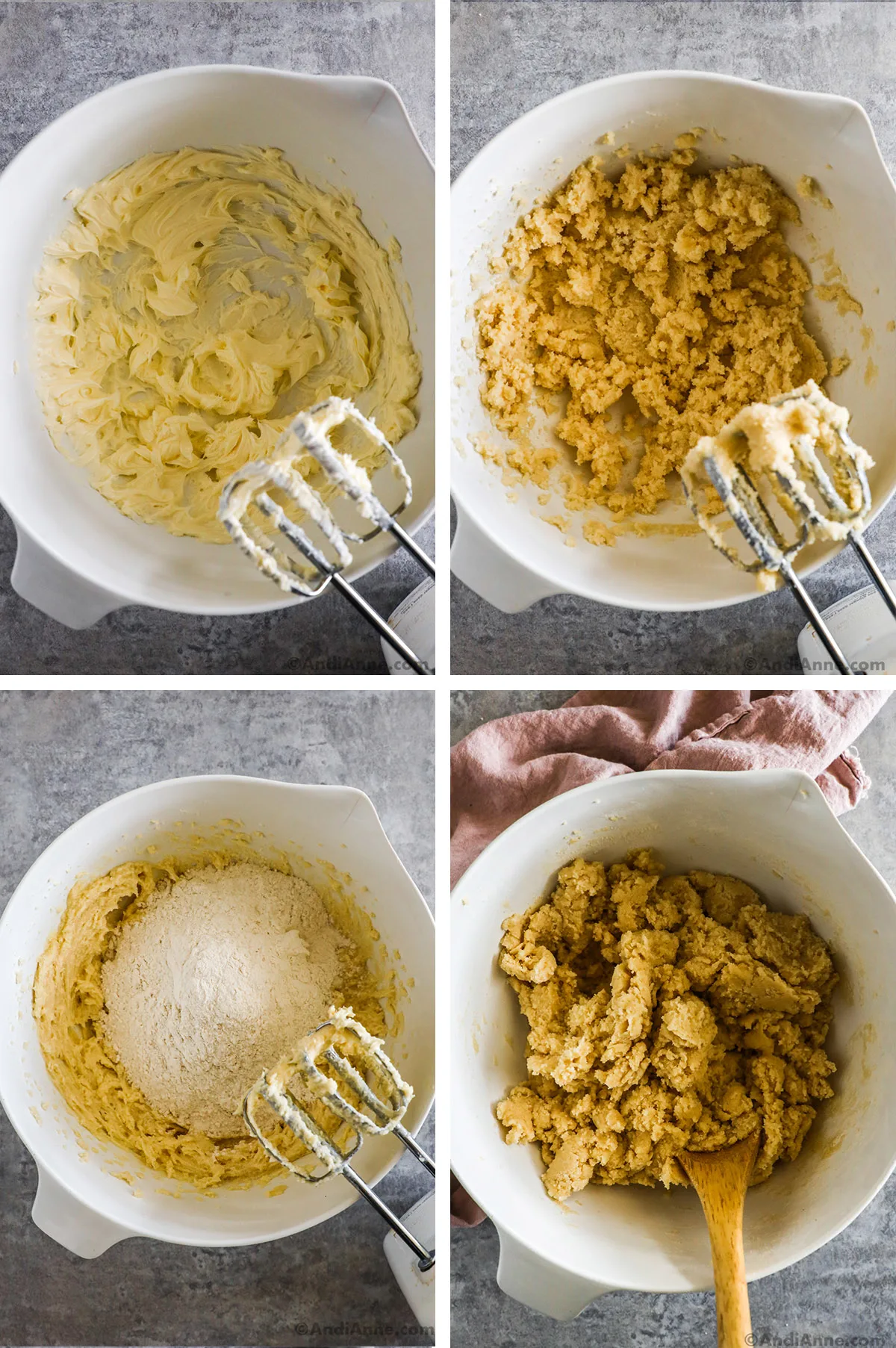Four images showing steps to make snickerdoole cookie dough in a bowl with hand mixer.