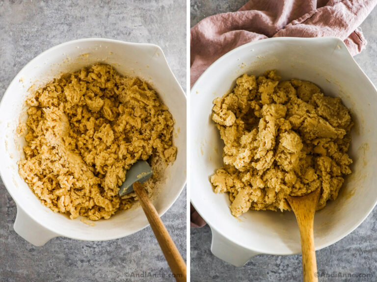 Cookie dough mixture in a bowl with a spatula.