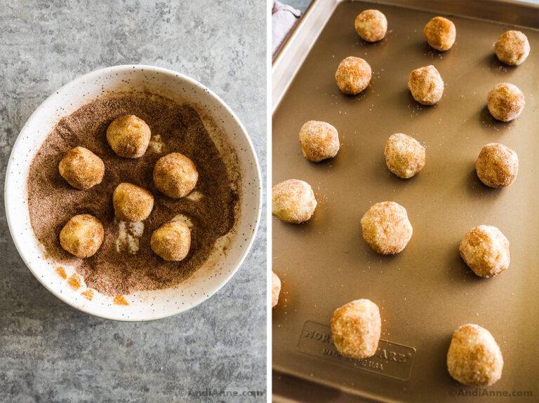 Cookie dough in balls rolled in cinnamon sugar and placed on a baking sheet.
