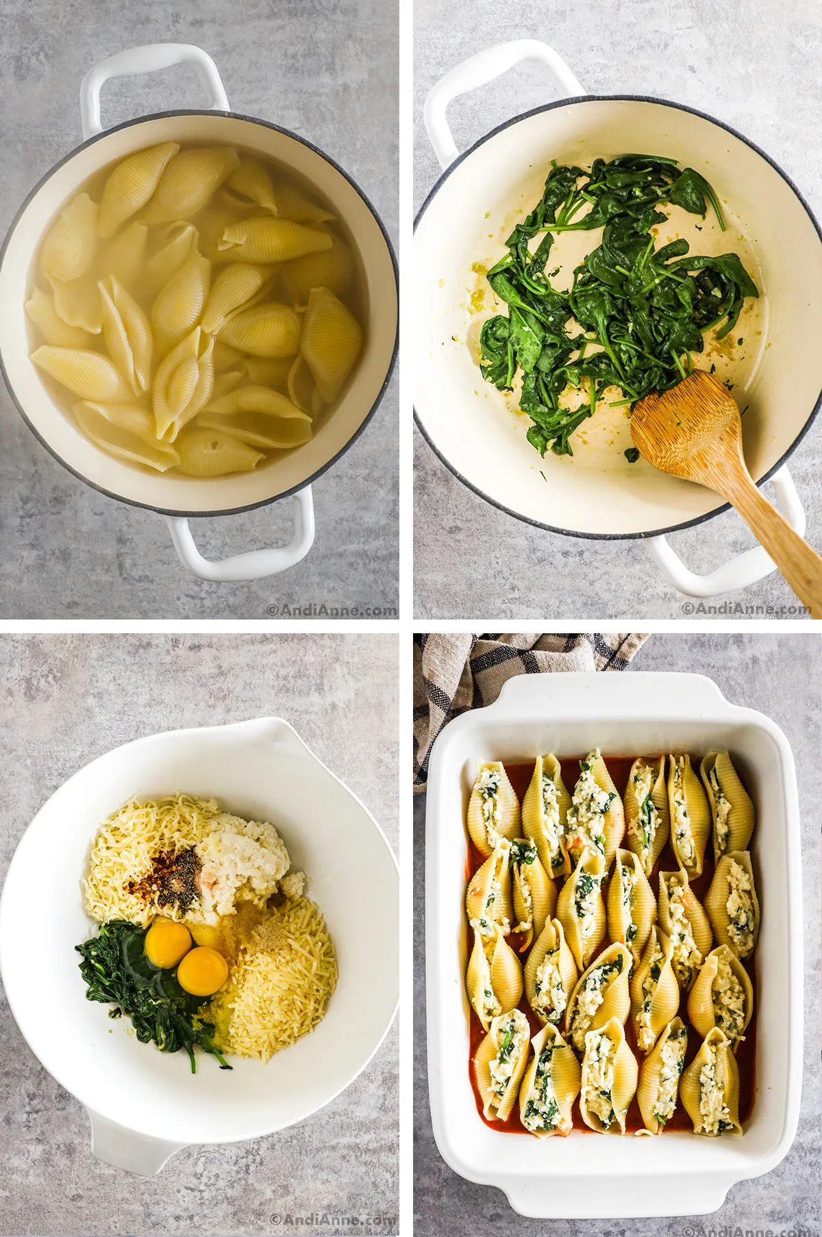Four ingredients showing steps to make recipe. First is a pot with water and pasta. Second is wilted spinach in a pot. Third is a bowl with cheeses, eggs, spinach and spices. Fourth is jumbo shells stuffed with ricotta spinach mixture in a baking dish.