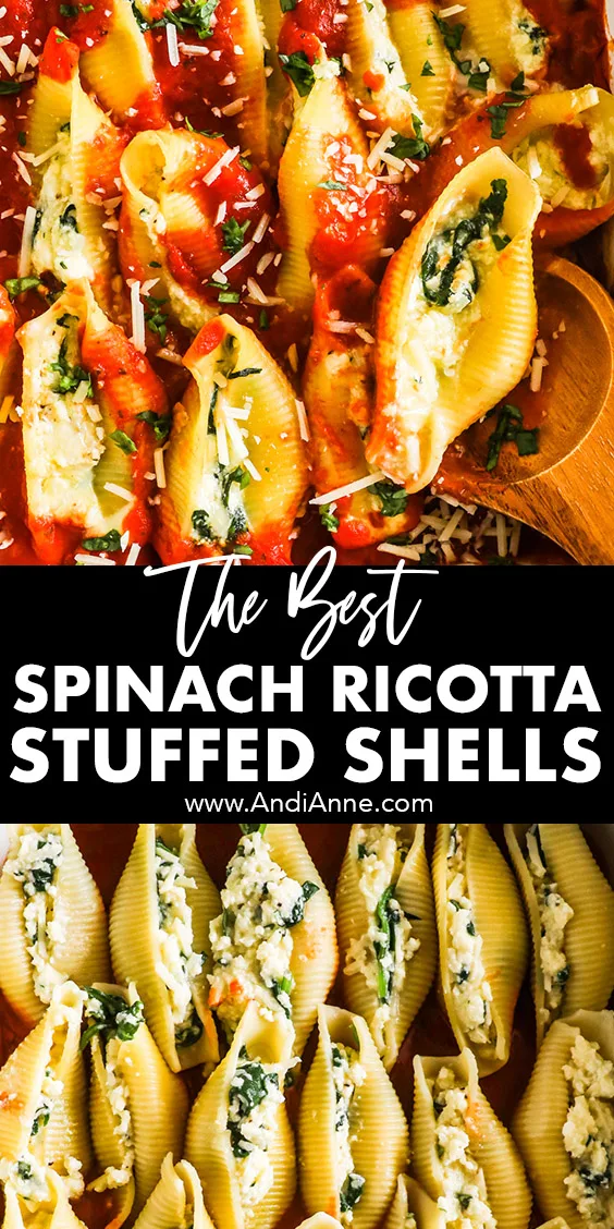Spinach ricotta stuffed shells with marinara sauce.