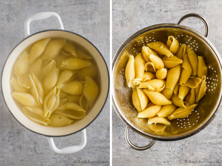 Two images, first is pot with water and jumbo pasta shells. Second is pasta shells in a strainer.