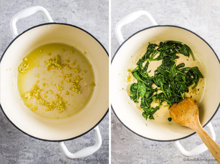 Two images of a white pot with garlic, oil and wilted spinach.