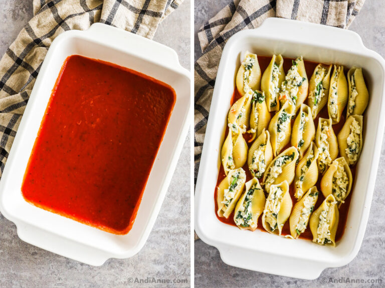 A baking dish with marinara sauce, topped with stuffed pasta shells.