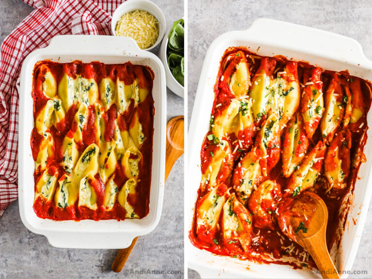 Spinach ricotta stuffed shells in a white rectangle baking dish, topped with marinara sauce.