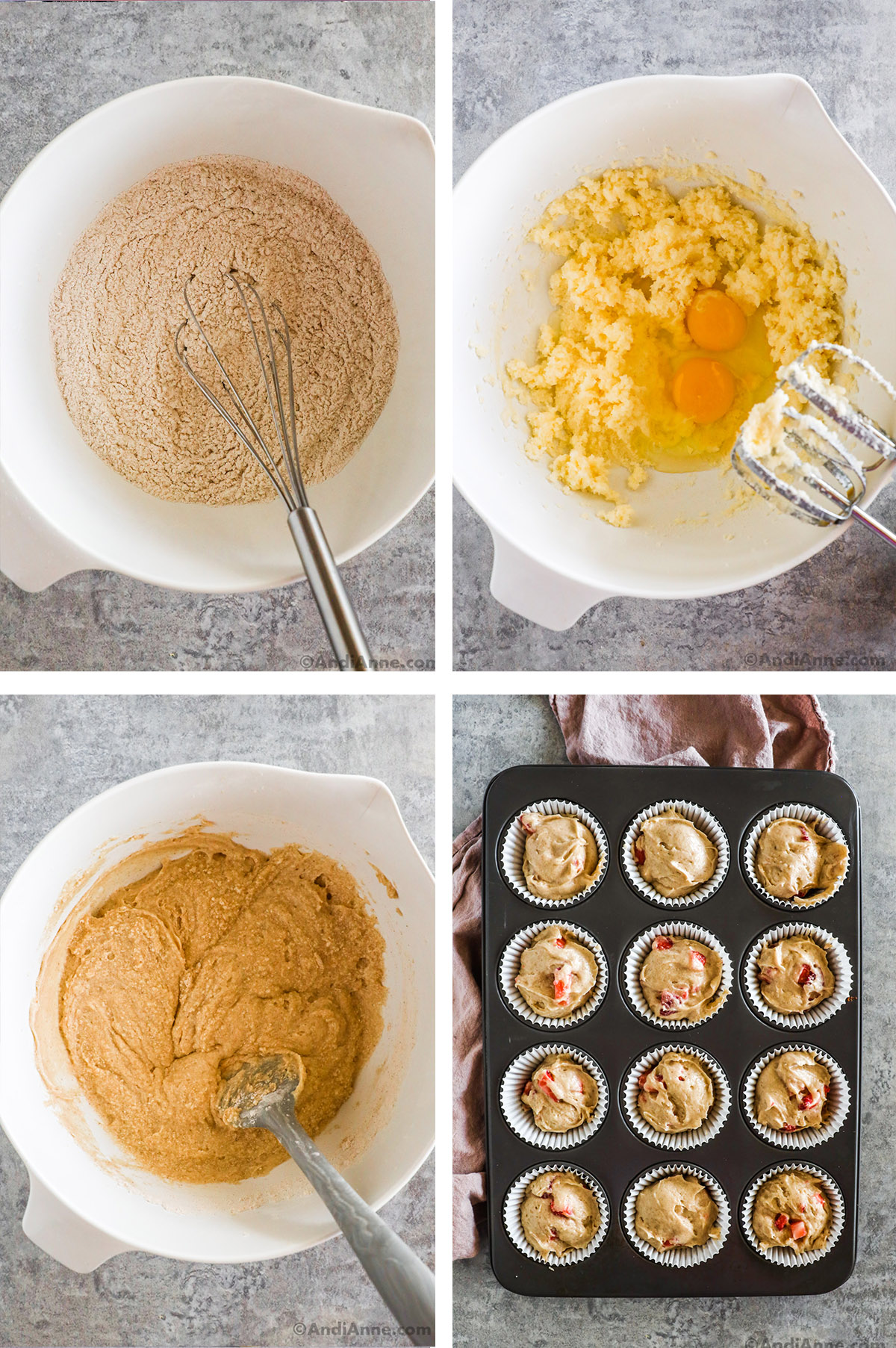 Four images showing steps to make recipe. First is dry ingredients with a whisk in a bowl. Second is beaten butter with two eggs on top and a hand mixer, third is muffin batter in a bowl. Fourth is muffin batter divided in a muffin pan.