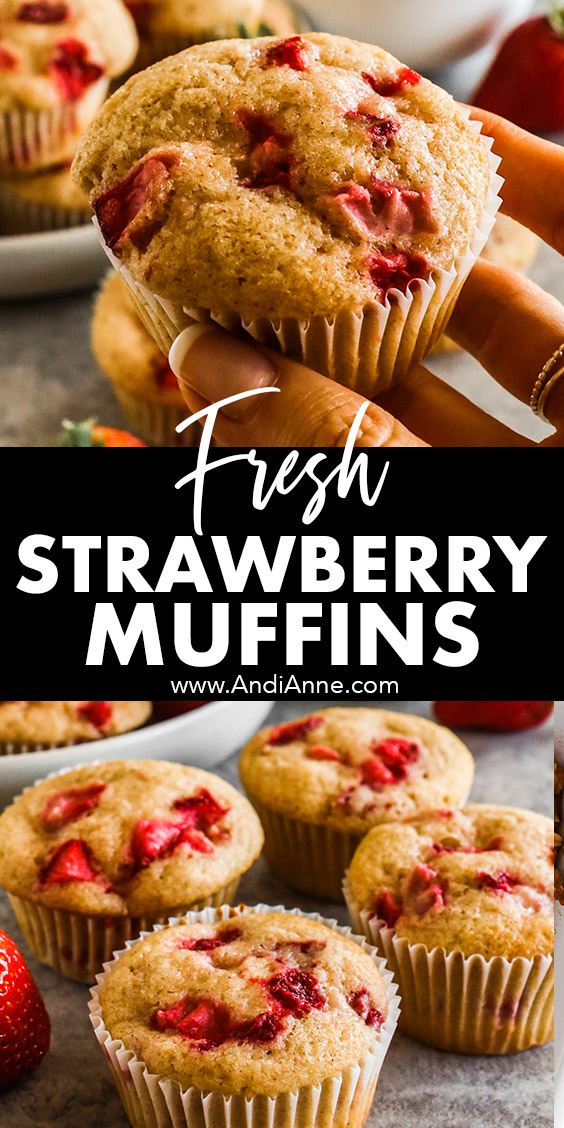 Two close up images of fresh strawberry muffins.