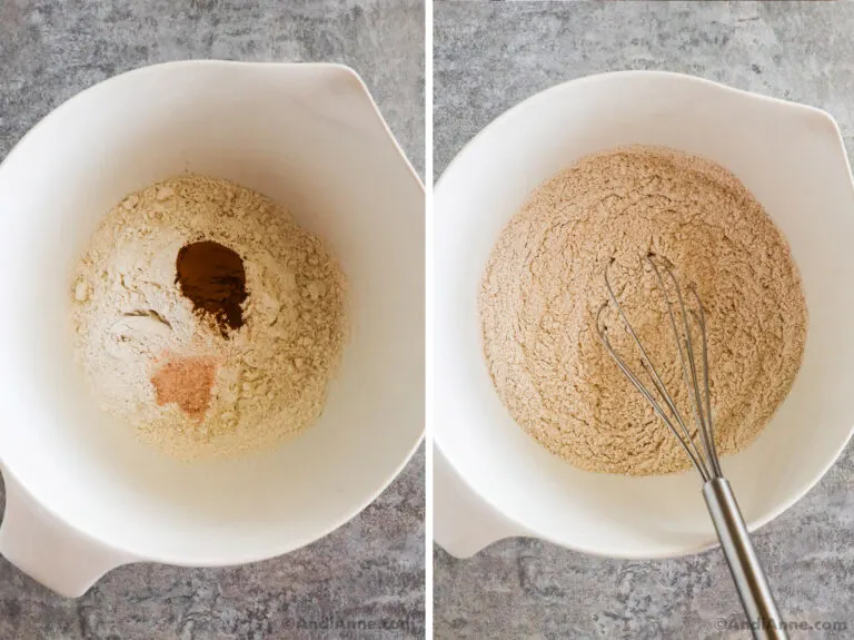 Two images of a white bowl. First with ingredients dumped in. Second with dry ingredients mixed together.