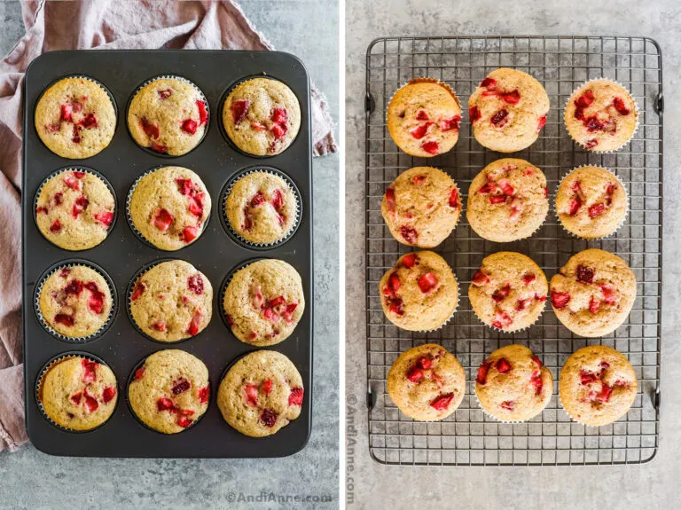 Two images, first is baked strawberry muffins in a muffin pan, second is strawberry muffins on a cooling rack.