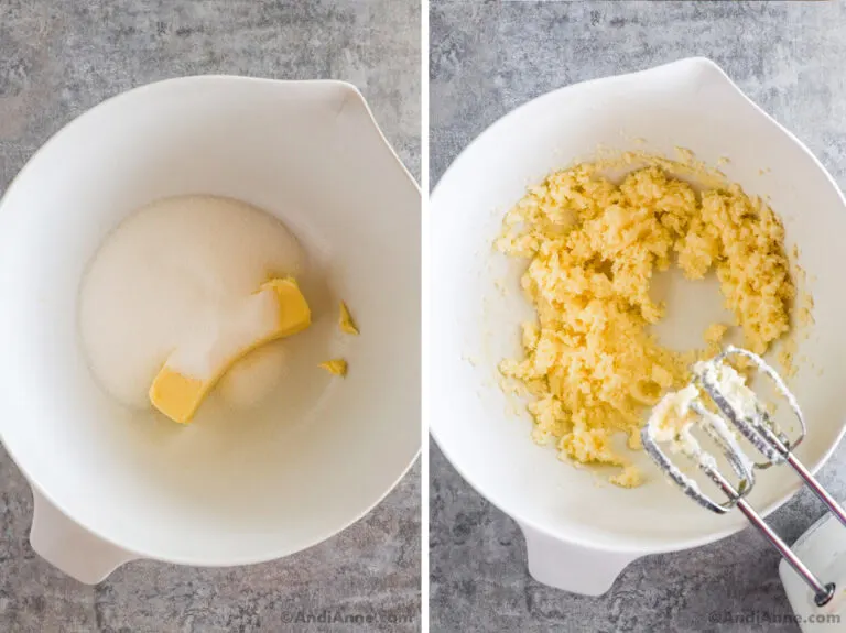 Two images of a white bowl, first with sugar and stick of butter. Second with creamed butter and hand mixer.