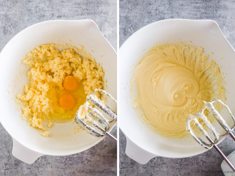 Two images of a white bowl. First with creamed butter and eggs on top. Second with ingredients creamed together and hand mixer.