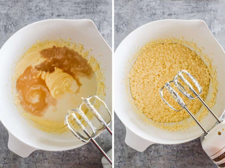 Vanilla and milk dumped over creamed butter in a bowl. Second image is ingredients mixed together with hand mixer.