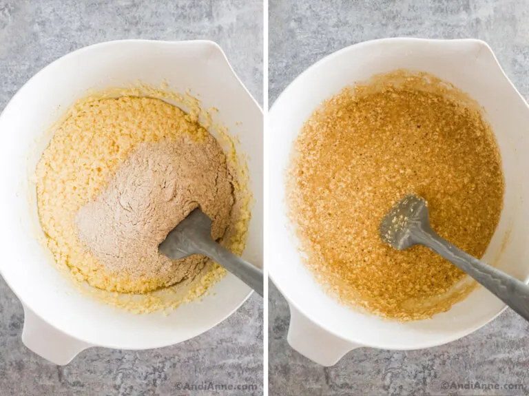 Two images of muffin batter in a white bowl at different stages.
