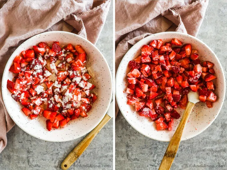 Two images of chopped strawberries tossed with flour in a bowl.