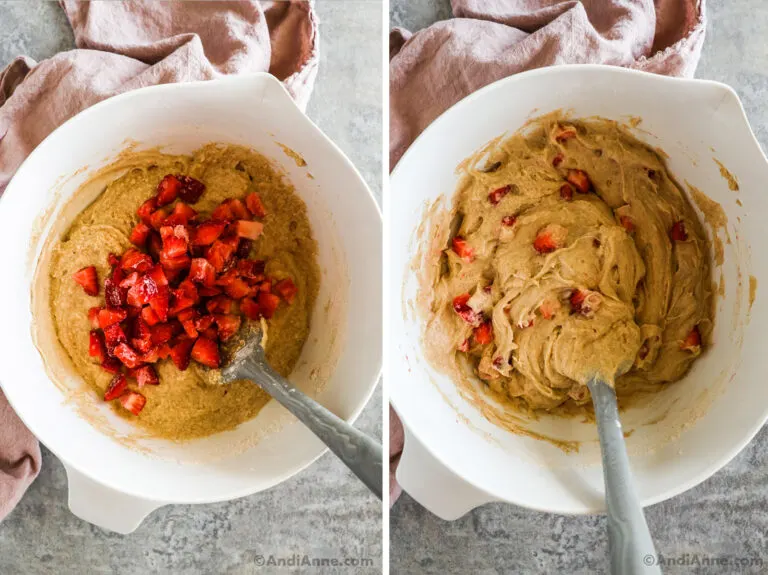 Two images of a white bowl. The first has muffin batter with chopped strawberries on top. The second has strawberries mixed in.