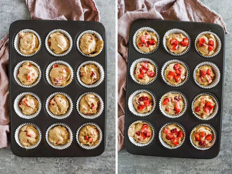 Two images of raw strawberry muffins in a muffin pan. The second has chunks of strawberries sprinkled on top.