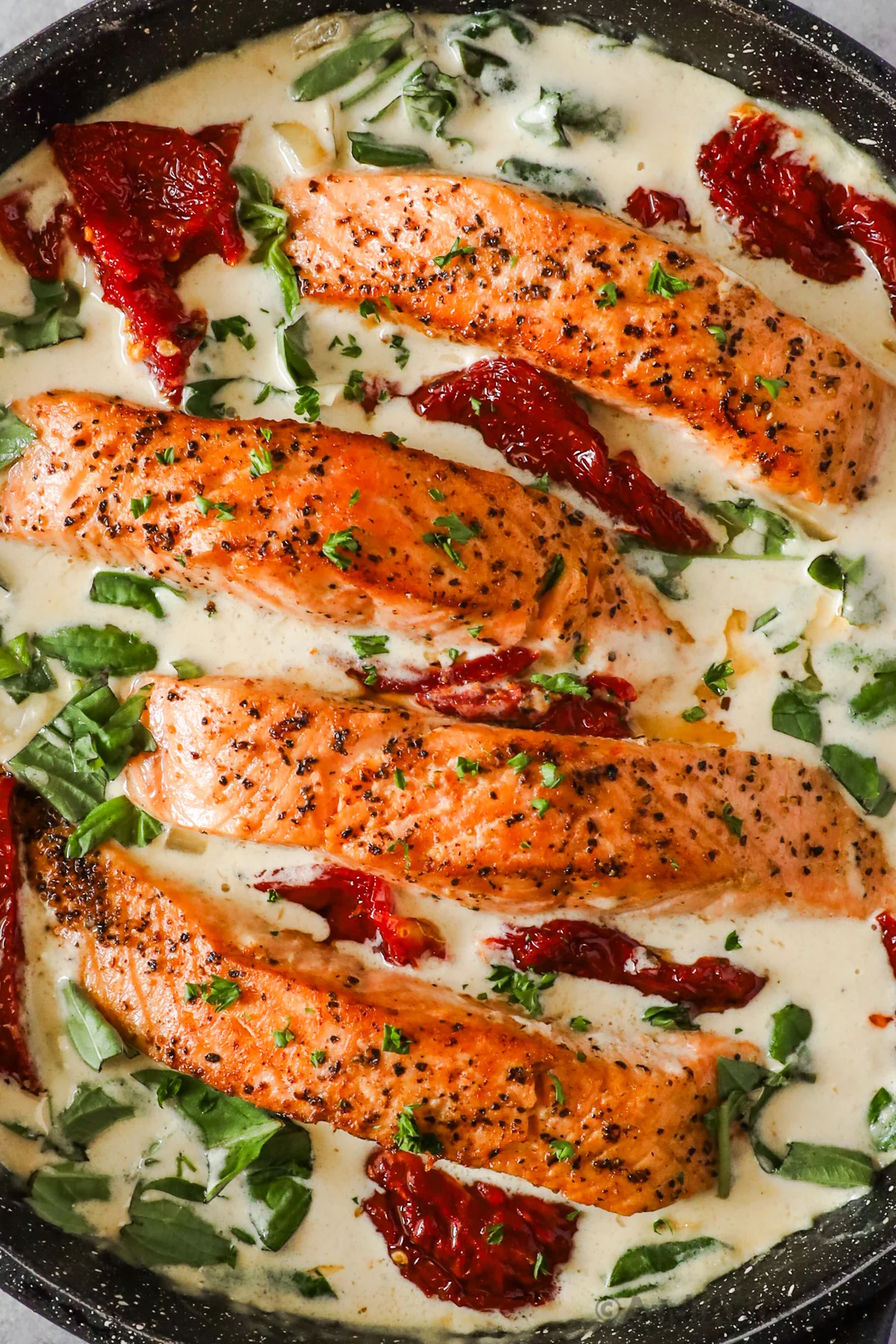 Close up of salmon fillets with sun dried tomatoes and spinach in a creamy sauce.