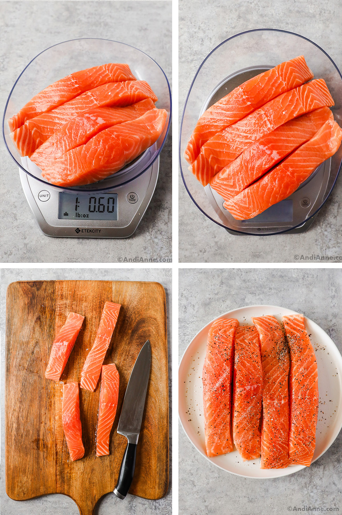 Four images of 4 small salmon fillets. First 2 images are fillets on a food scale, third is fillets on a cutting board with knife, fourth is fillets seasoned with salt and pepper on a plate.