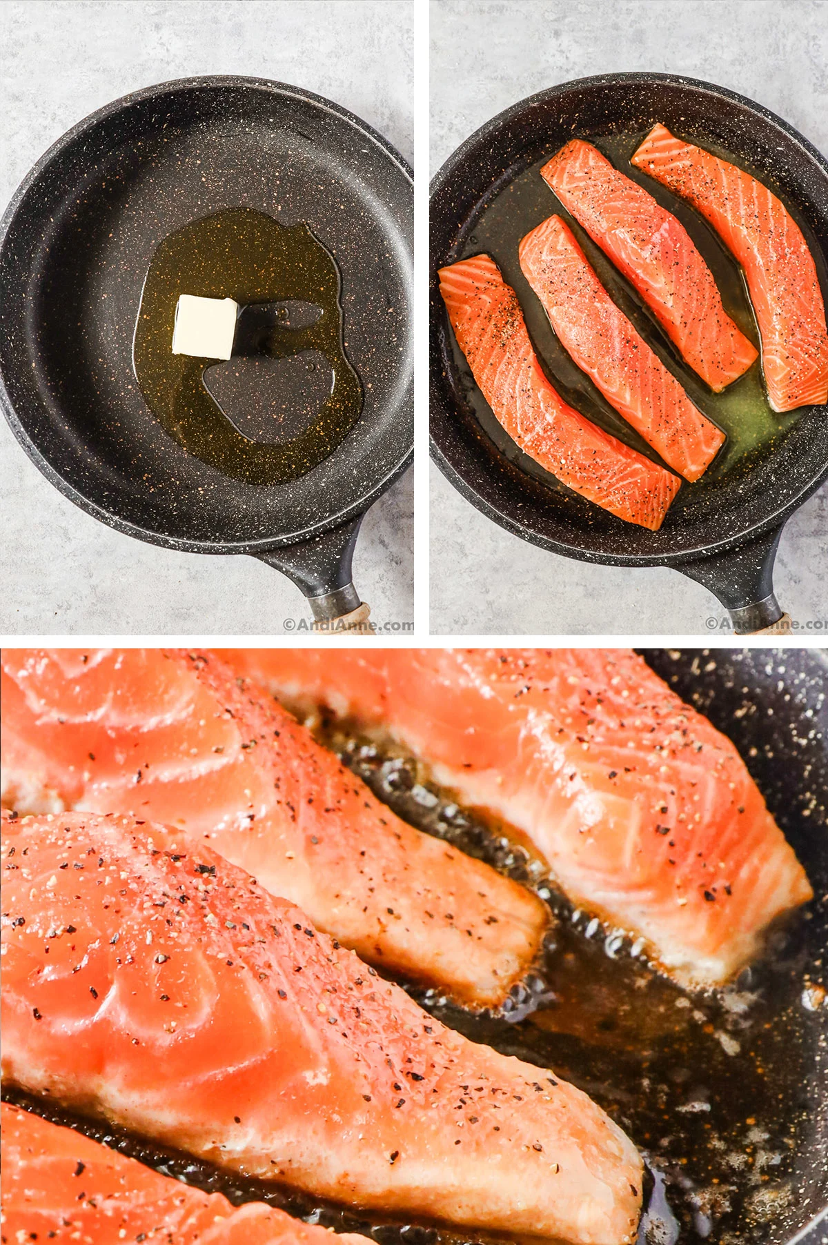 Three images grouped together. First is a pan with olive oil and butter. Second has raw salmon fillets in the pan. Third is close up of salmon fillets with cooked bottoms but raw tops.