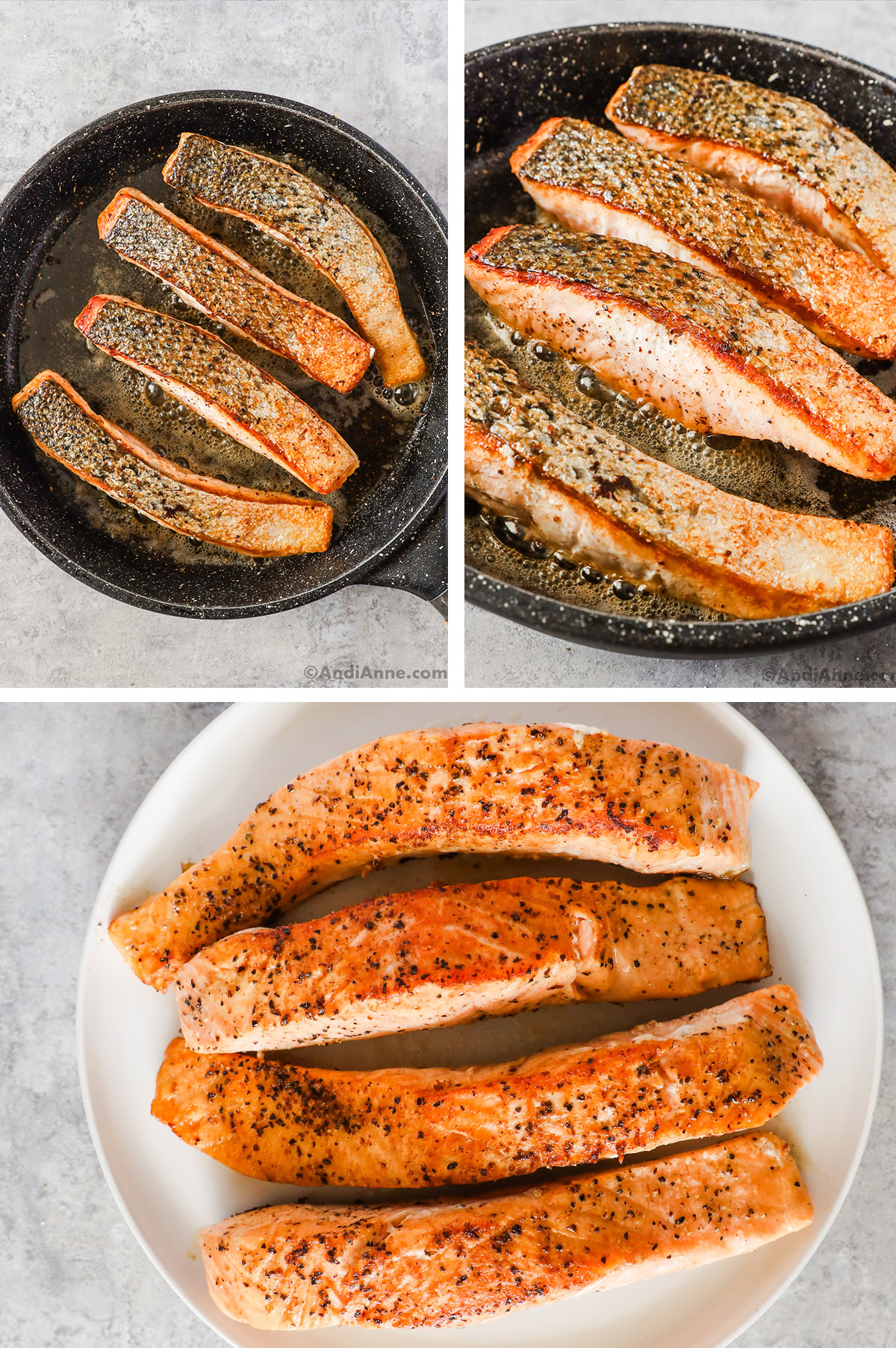 Three images grouped. First two are salmon fillets skin side facing up searing in a frying pan with butter and oil. Last image is a plate with cooked salmon fillets.