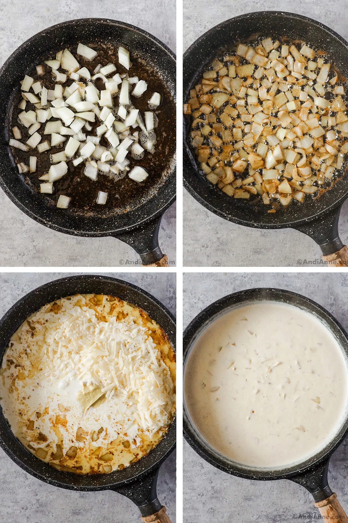 Four images grouped together. First two have chopped onion in butter and oil, first raw then cooked. Third image has broth, grated parmesan, dijon mustard and heavy cream dumped in. Last image is a creamy sauce. 