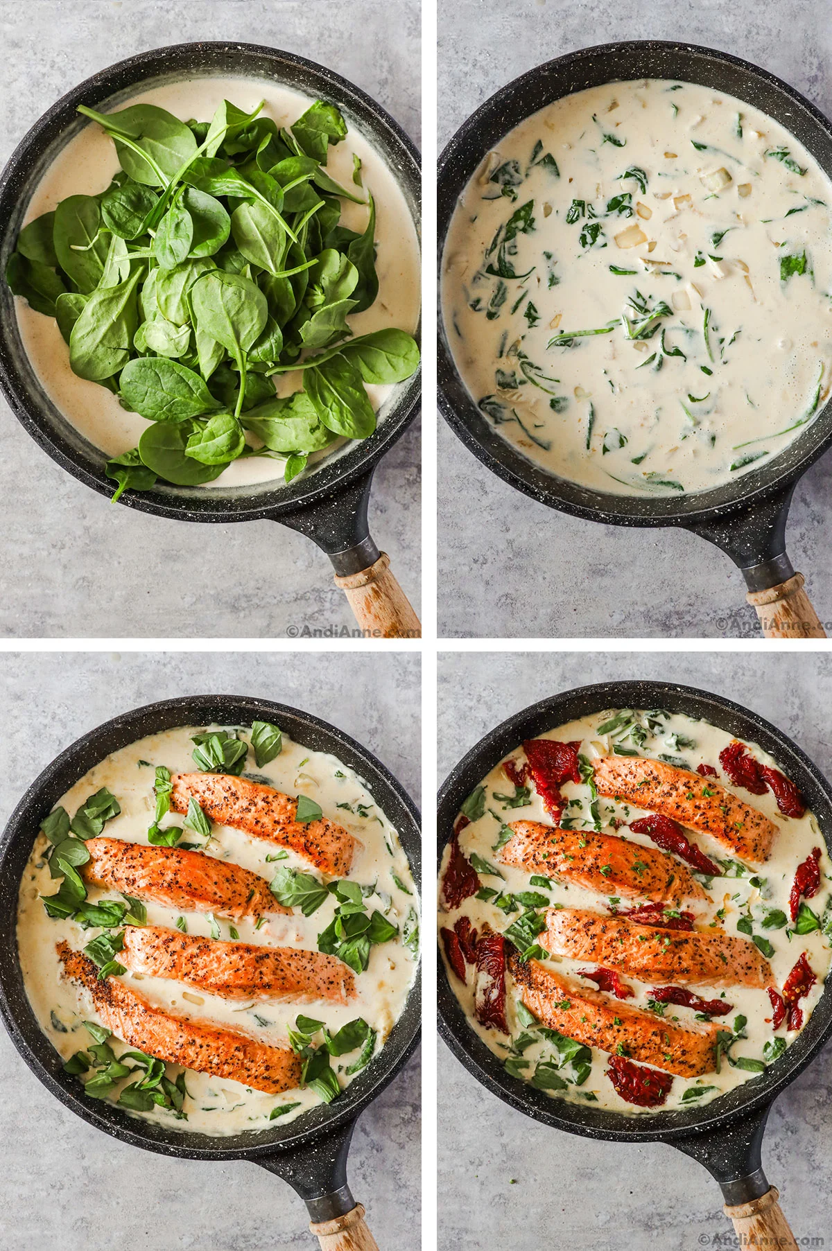 Four images grouped together. First has baby spinach dumped over creamy sauce in frying pan. Second image is wilted spinach in the creamy sauce. Third has salmon fillets and fresh basil added to pan. Fourth has sun dried tomatoes added.
