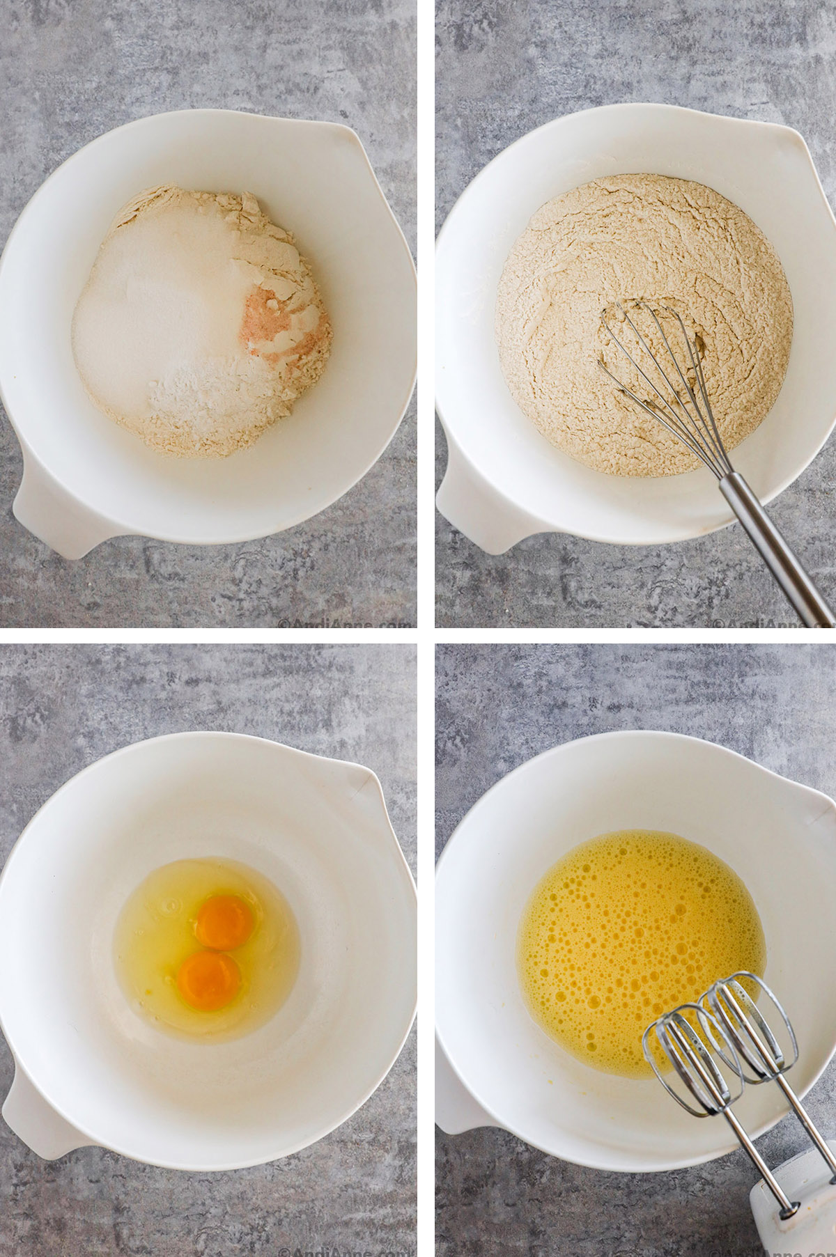 Four images grouped together. First two with dry ingredients unmixed and then mixed. Second two with eggs unbeaten and then beaten together.