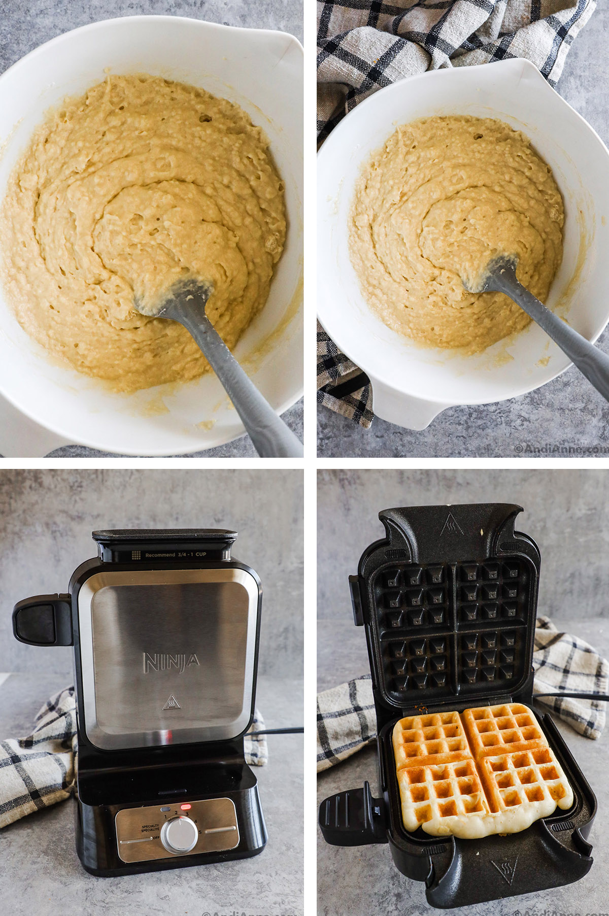 Four images grouped together. First two are a lumpy batter in a bowl with spatula. Second two are a waffle iron with cooked waffle.
